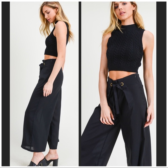 LINED BLACKED CROP STYLE WITH TIE WAIST PANTS - Picture 2 of 7